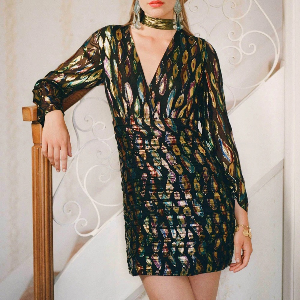 RIXO Golden Mini Fil Coupé Silk-blend Chiffon Dress Metallic Feather Jacquard